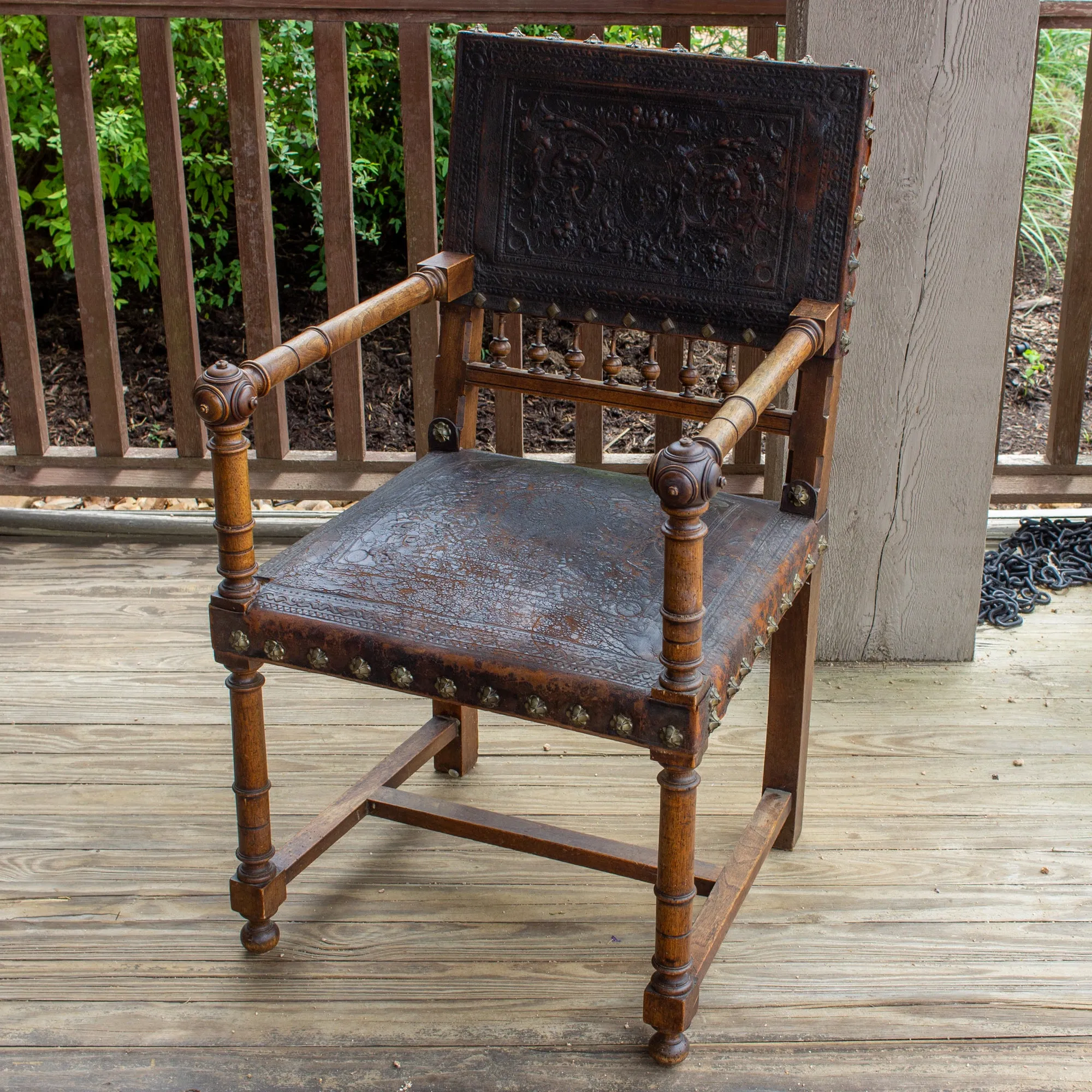 Antique Embossed Italian Leather & Wood Armchair with Studded Brass Detail