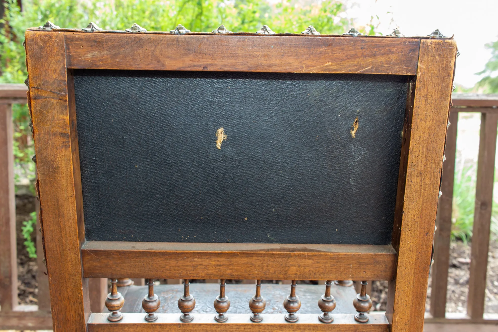 Antique Embossed Italian Leather & Wood Armchair with Studded Brass Detail