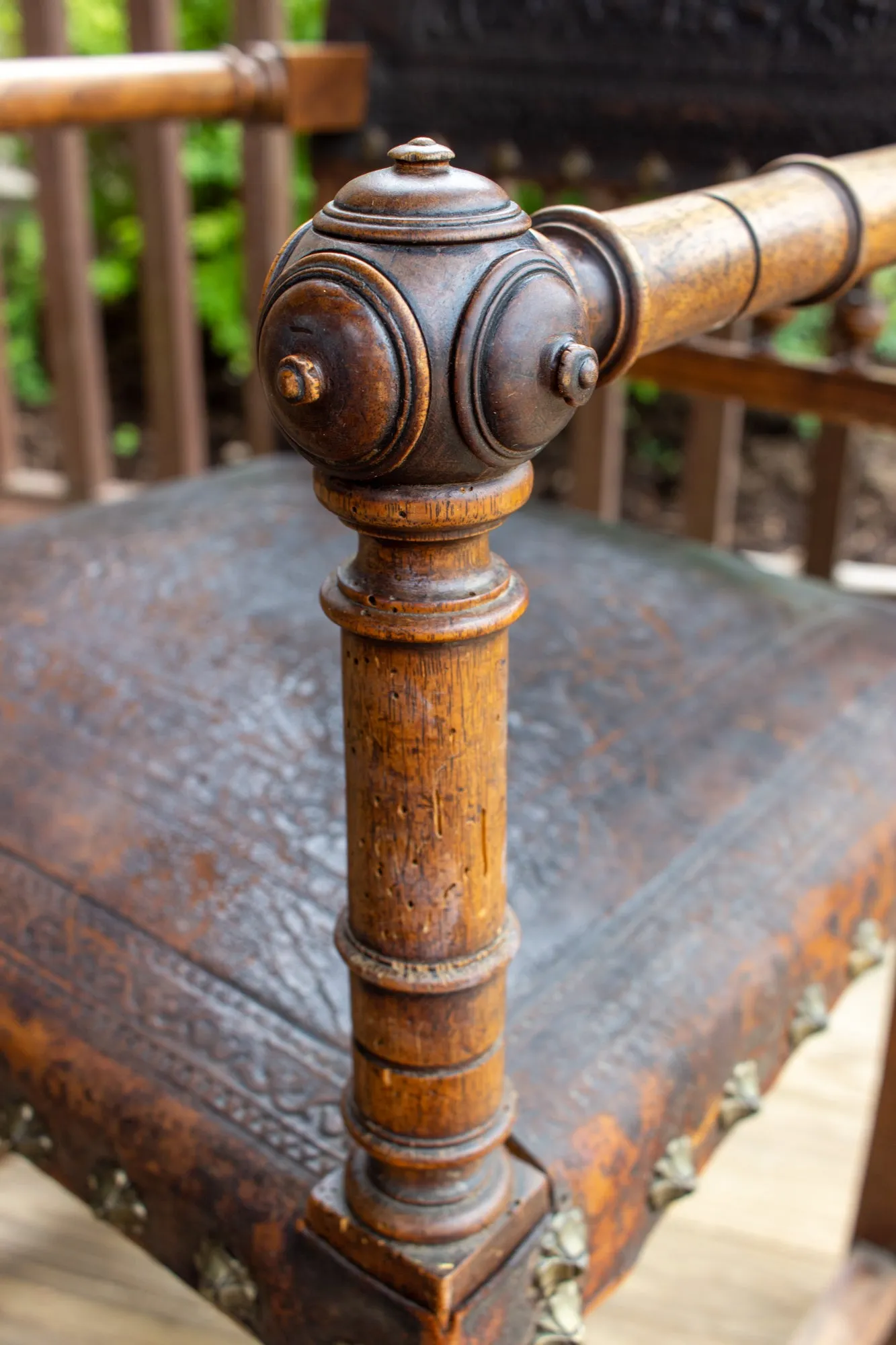 Antique Embossed Italian Leather & Wood Armchair with Studded Brass Detail