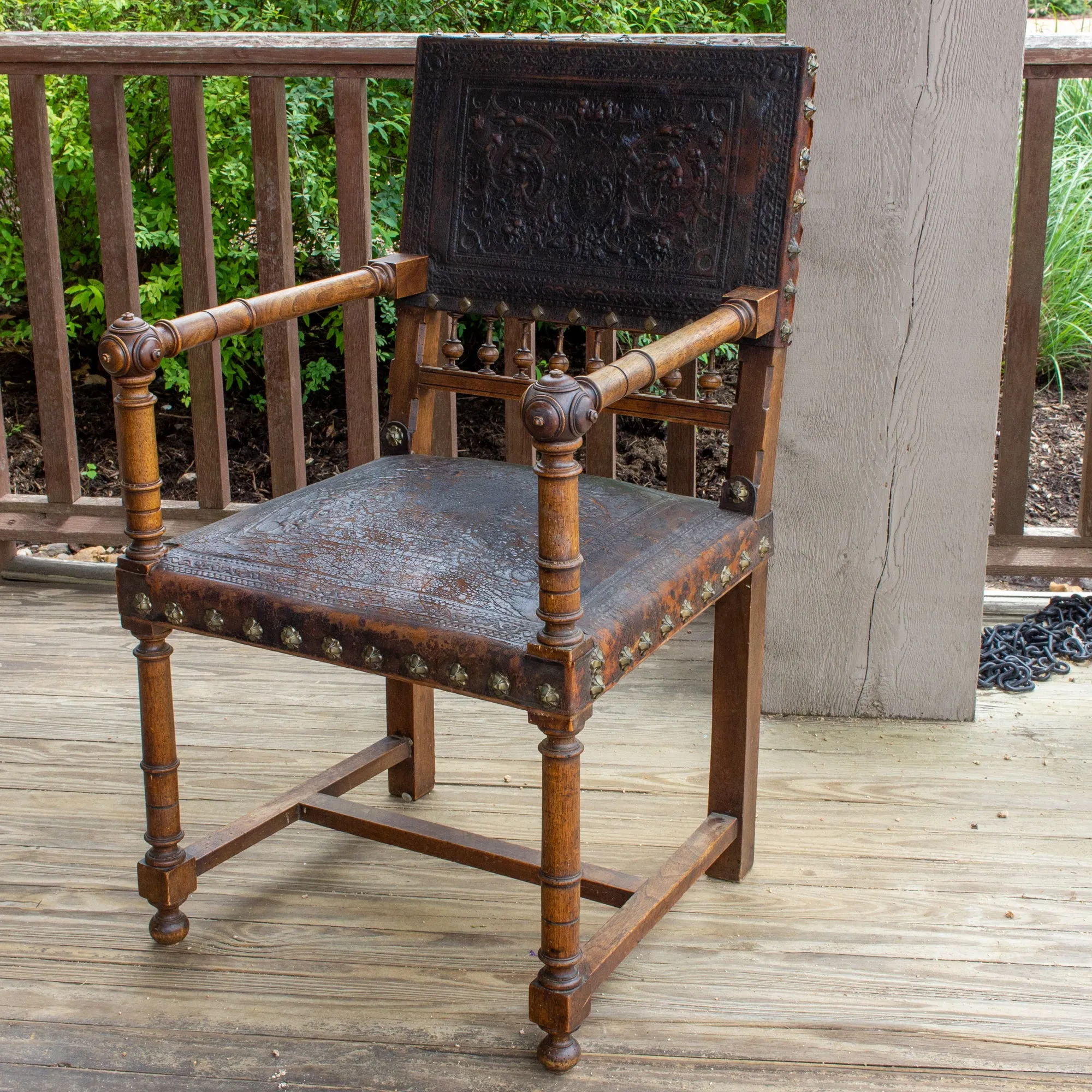 Antique Embossed Italian Leather & Wood Armchair with Studded Brass Detail