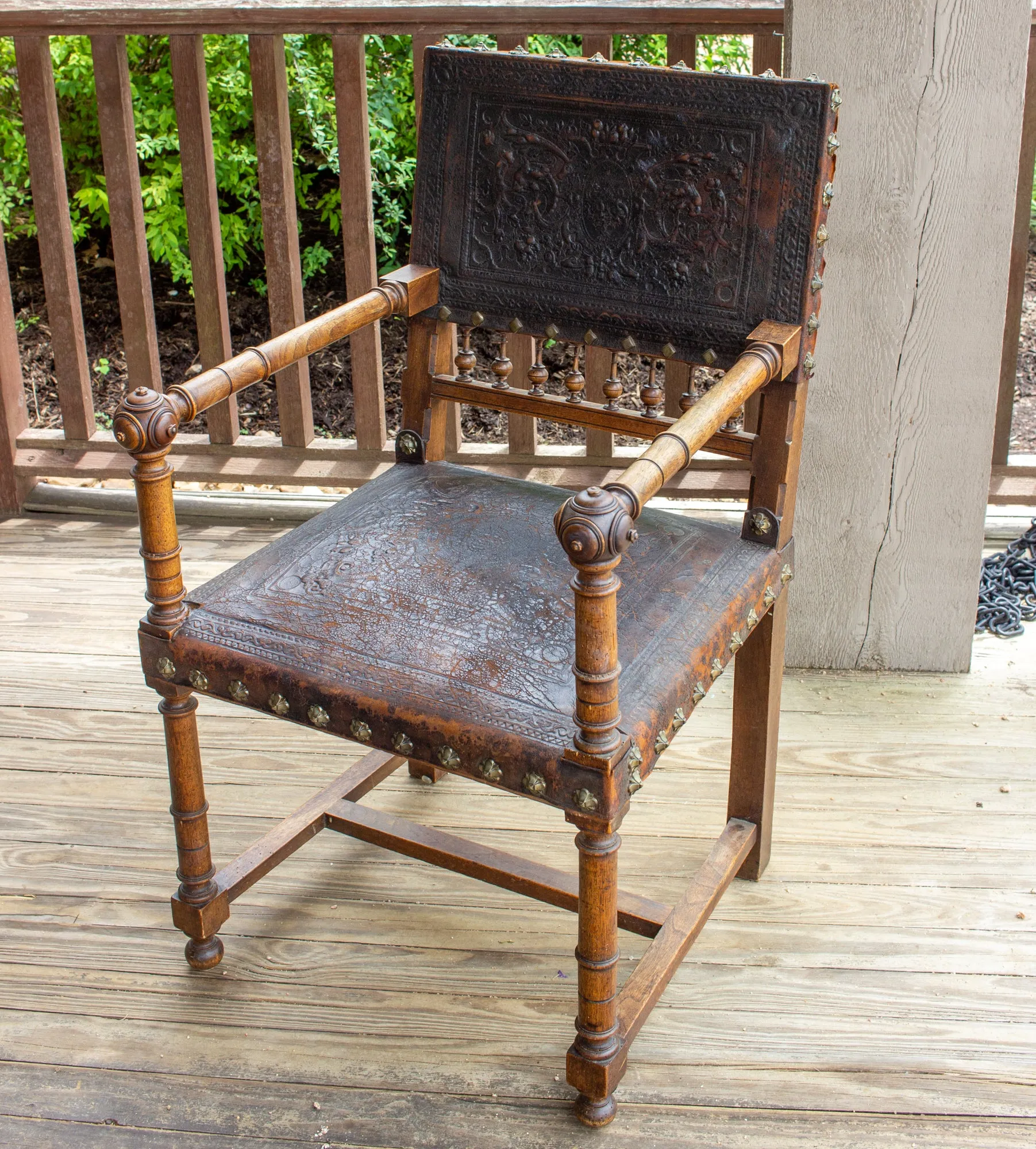 Antique Embossed Italian Leather & Wood Armchair with Studded Brass Detail