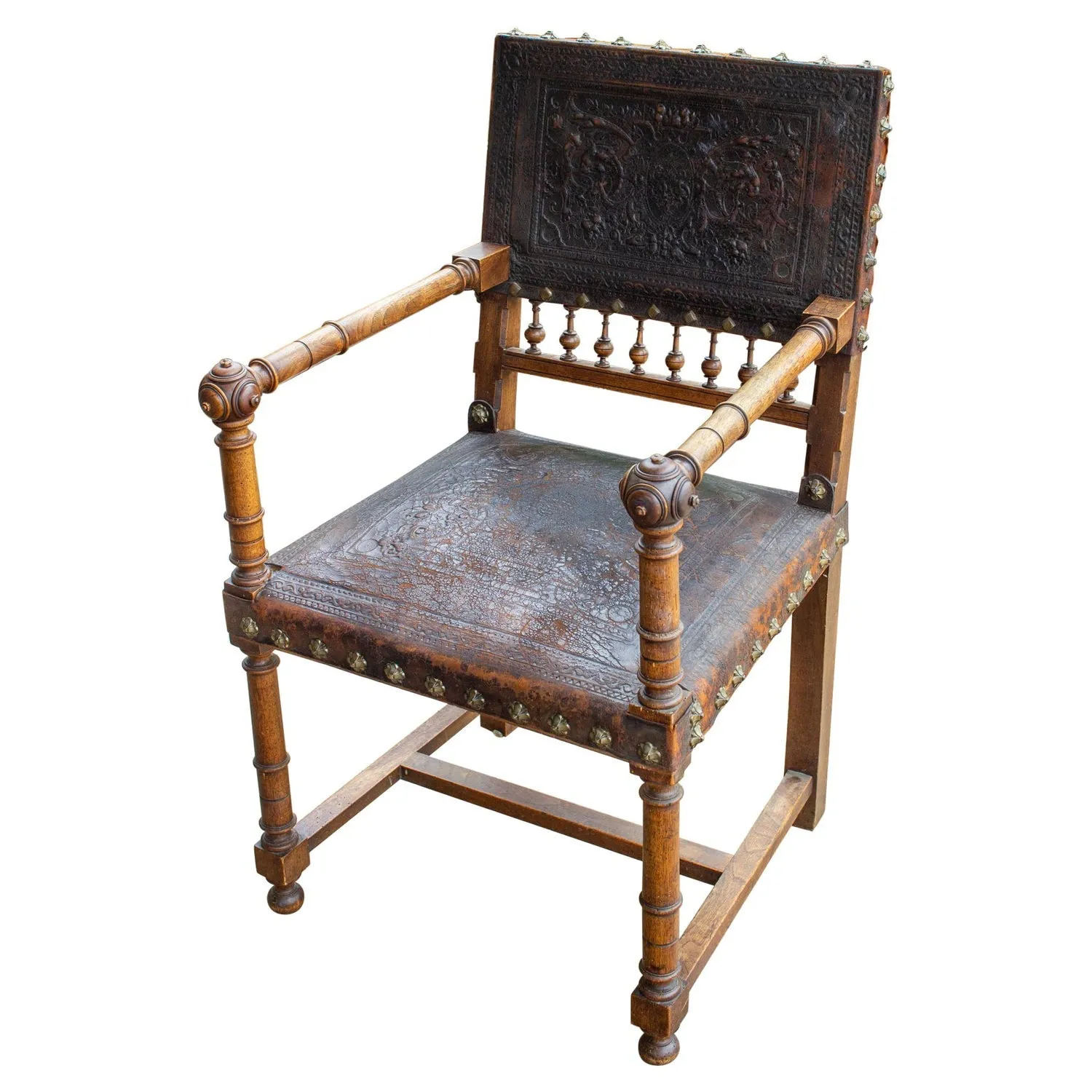 Antique Embossed Italian Leather & Wood Armchair with Studded Brass Detail