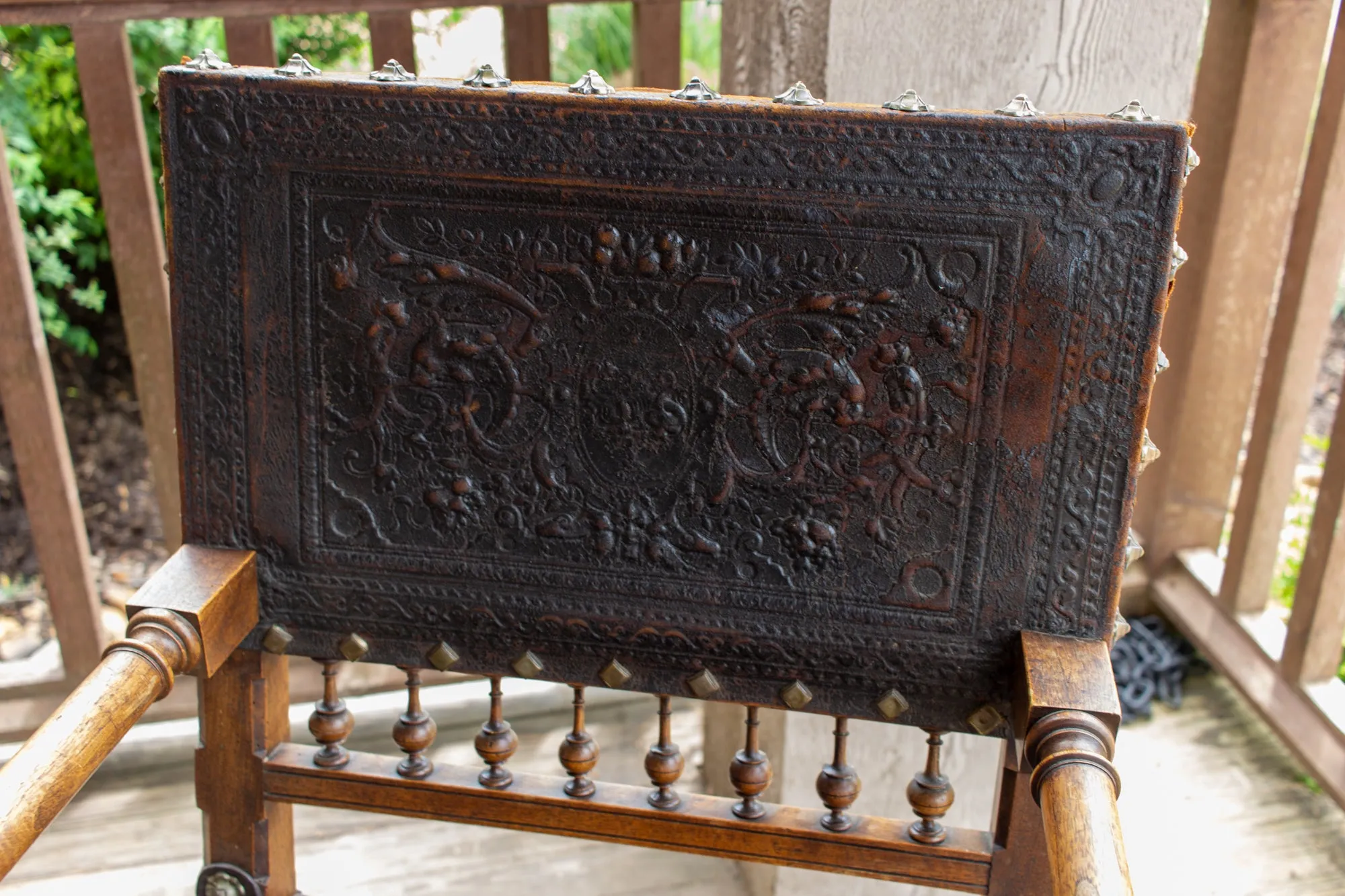 Antique Embossed Italian Leather & Wood Armchair with Studded Brass Detail