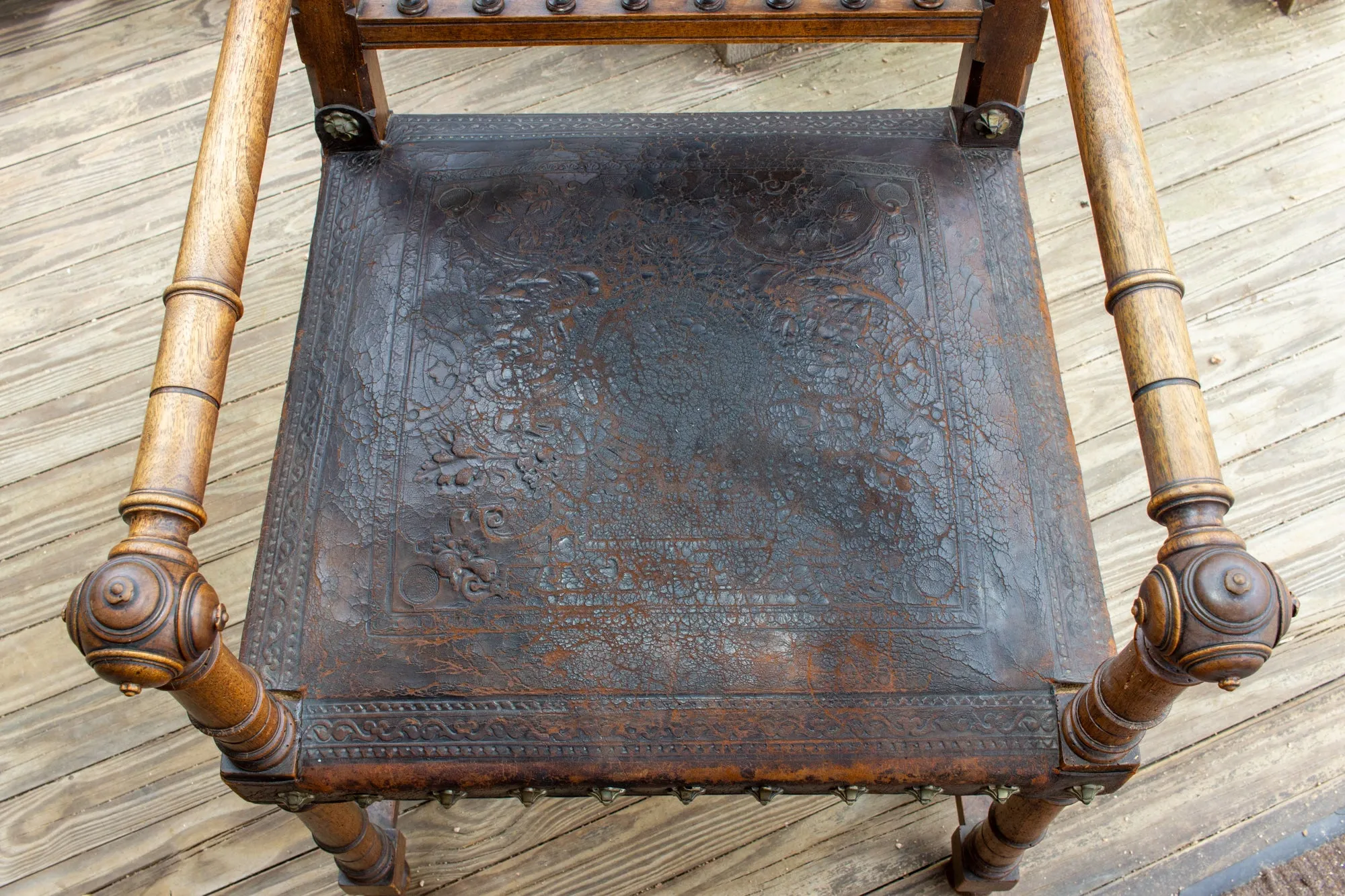 Antique Embossed Italian Leather & Wood Armchair with Studded Brass Detail