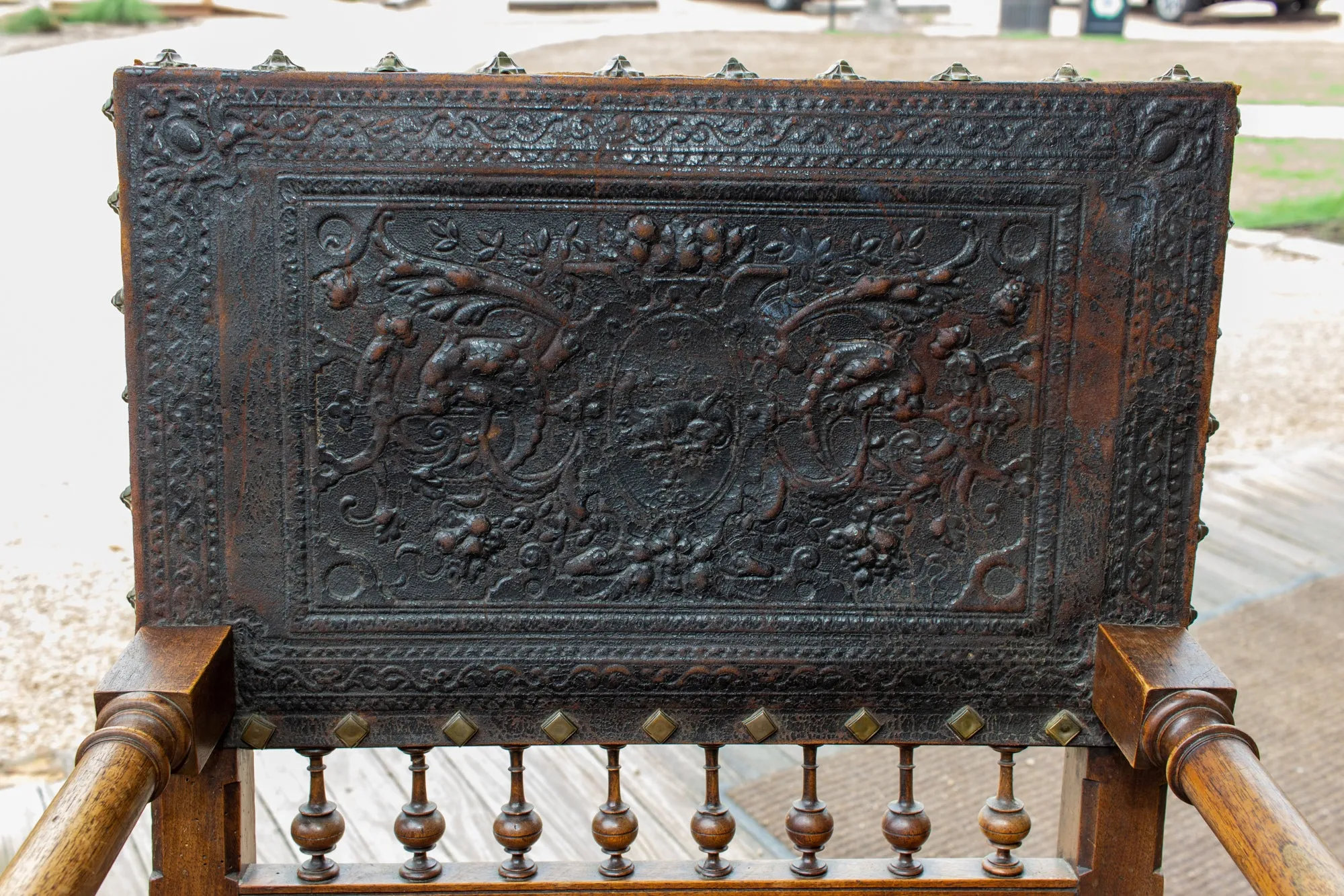 Antique Embossed Italian Leather & Wood Armchair with Studded Brass Detail