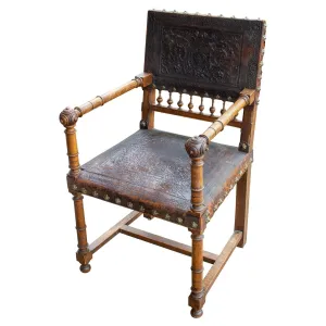 Antique Embossed Italian Leather & Wood Armchair with Studded Brass Detail