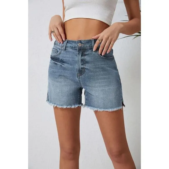 Azura Exchange  Sky Blue Raw Hem High Waist Denim Shorts