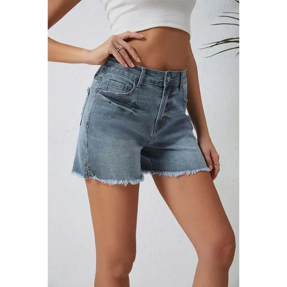 Azura Exchange  Sky Blue Raw Hem High Waist Denim Shorts