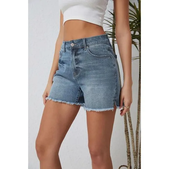 Azura Exchange  Sky Blue Raw Hem High Waist Denim Shorts
