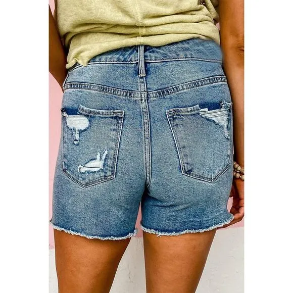 Azura Exchange  Sky Blue Raw Hem High Waist Denim Shorts