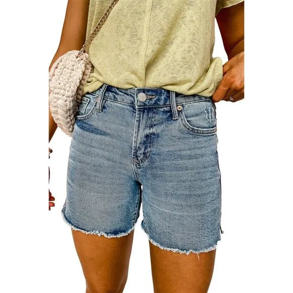 Azura Exchange  Sky Blue Raw Hem High Waist Denim Shorts