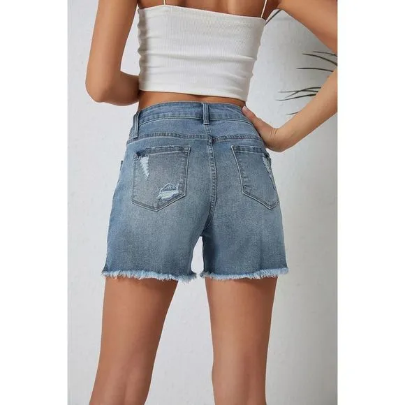 Azura Exchange  Sky Blue Raw Hem High Waist Denim Shorts