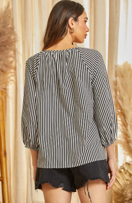 Bess Striped Blouse with Geo-Inspired Embroidery