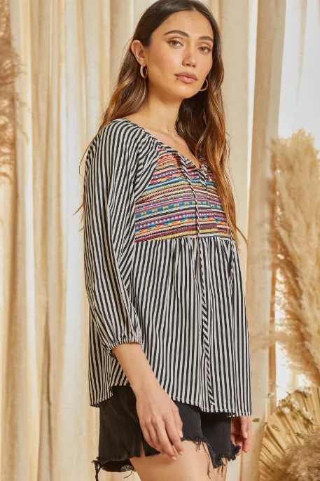 Bess Striped Blouse with Geo-Inspired Embroidery
