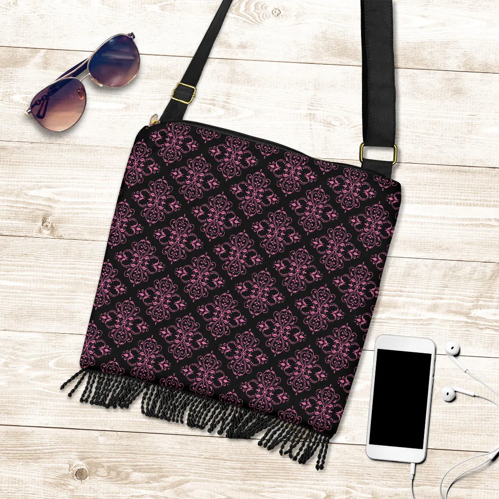 Black With Pink Magenta Damask Pattern Fringe Boho Bag Crossbody Purse