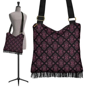 Black With Pink Magenta Damask Pattern Fringe Boho Bag Crossbody Purse
