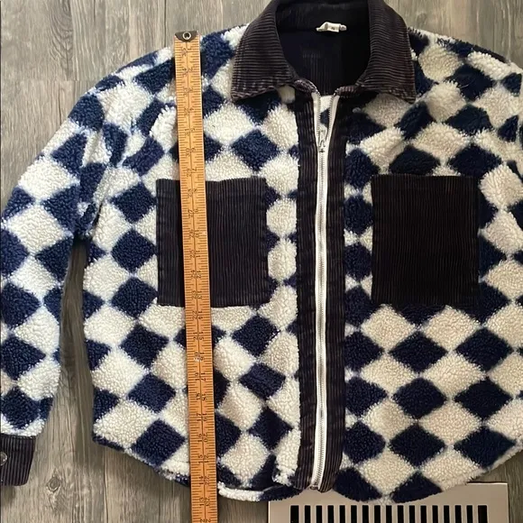 Blue and White Checkered POL womans zip up / corduroy pockets-