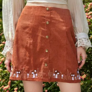 Brand New Mushroom Embroidery Button Decor Skirt