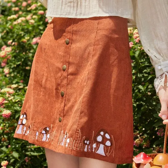 Brand New Mushroom Embroidery Button Decor Skirt