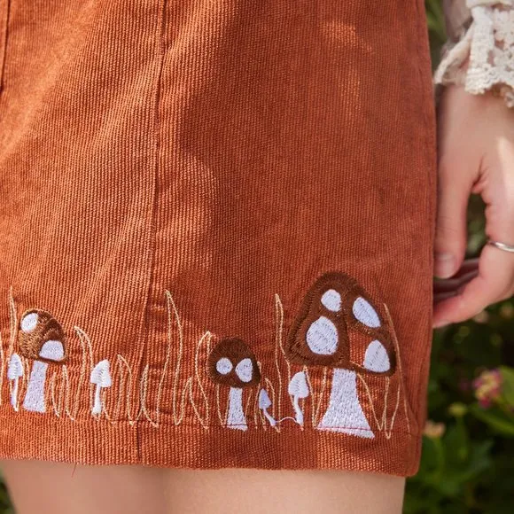 Brand New Mushroom Embroidery Button Decor Skirt