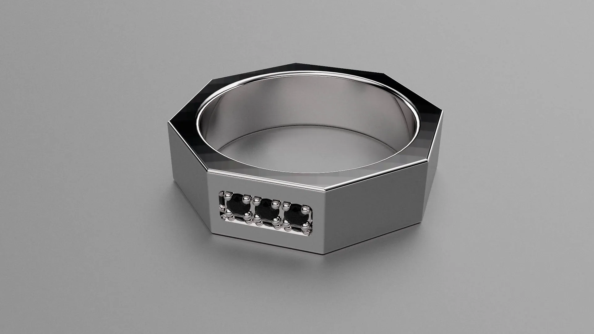 Brushed Sterling Silver Black Diamond 6mm Octagon Wedding Band