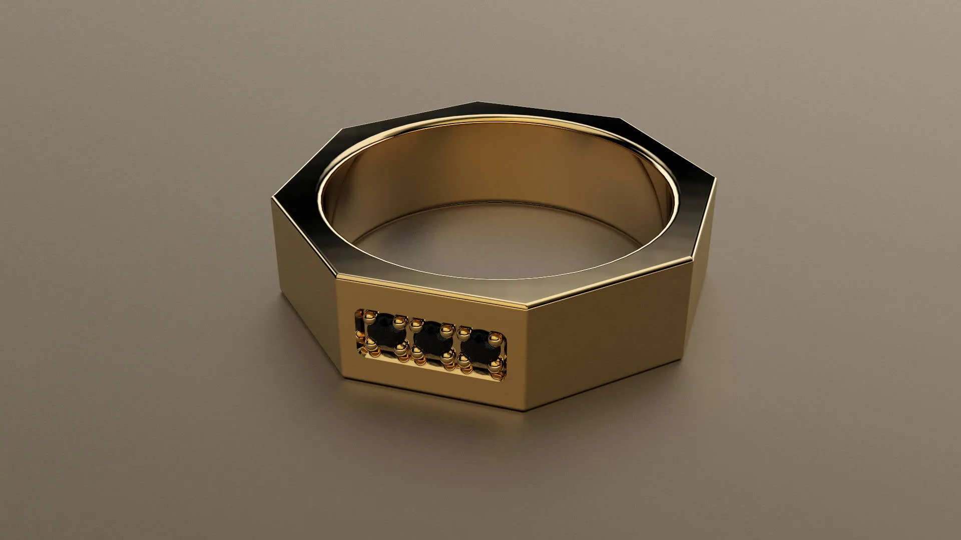 Brushed Yellow Gold Black Diamond 6mm Octagon Wedding Band