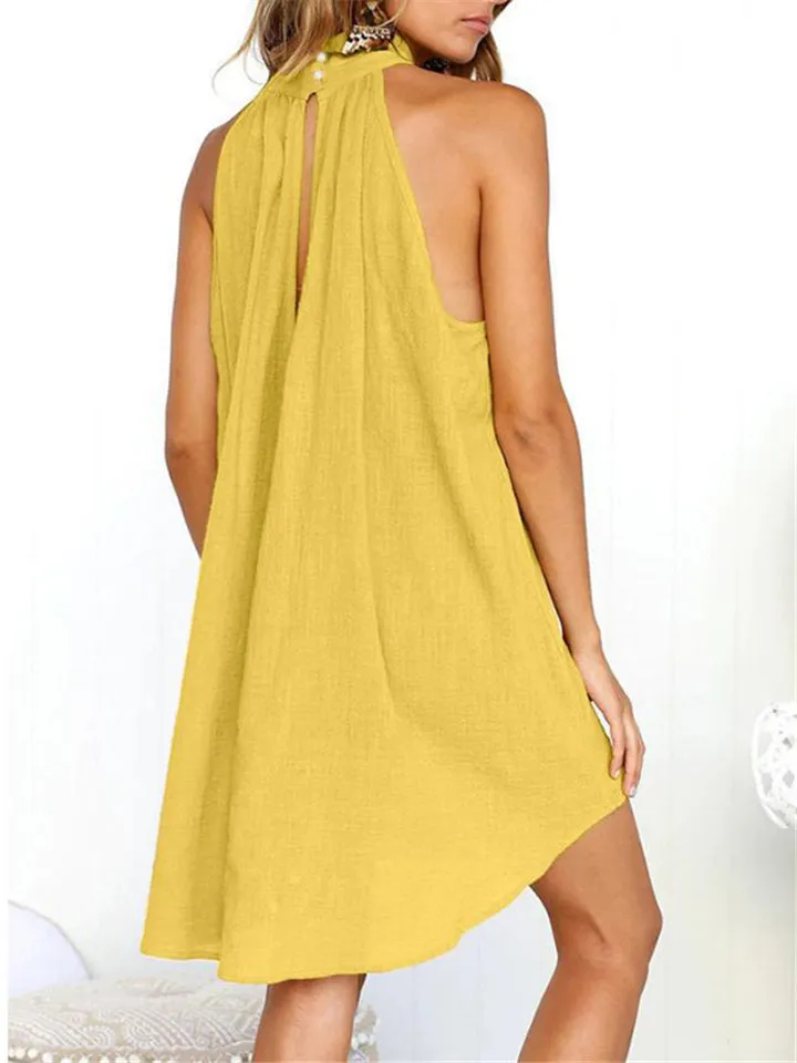 Casual Pleated Detailing High Neck Thigh-Length Cotton Linen Dress