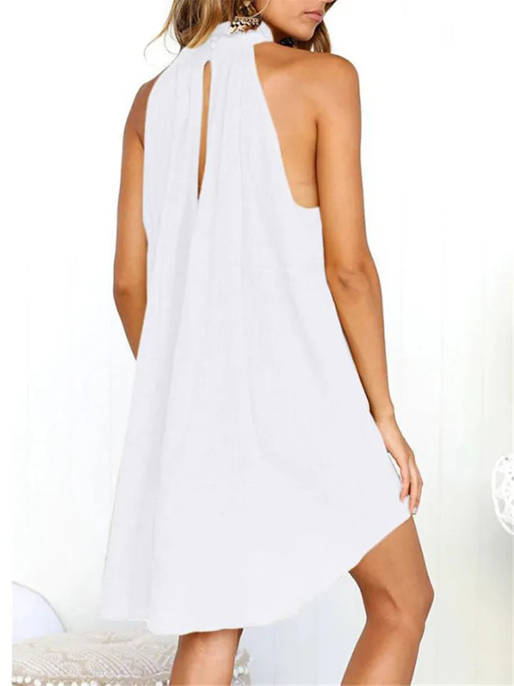 Casual Pleated Detailing High Neck Thigh-Length Cotton Linen Dress