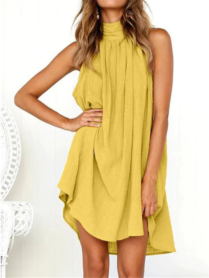 Casual Pleated Detailing High Neck Thigh-Length Cotton Linen Dress