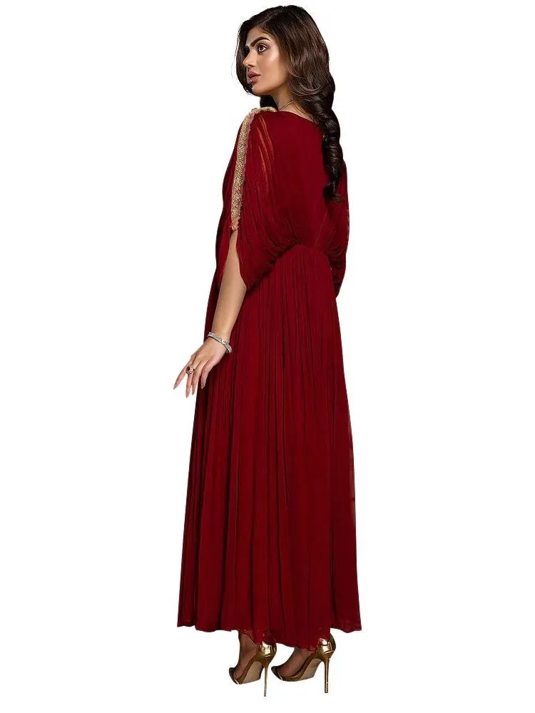 Chain Ribbon Pearl Chiffon Pleated Dress