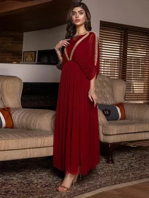 Chain Ribbon Pearl Chiffon Pleated Dress