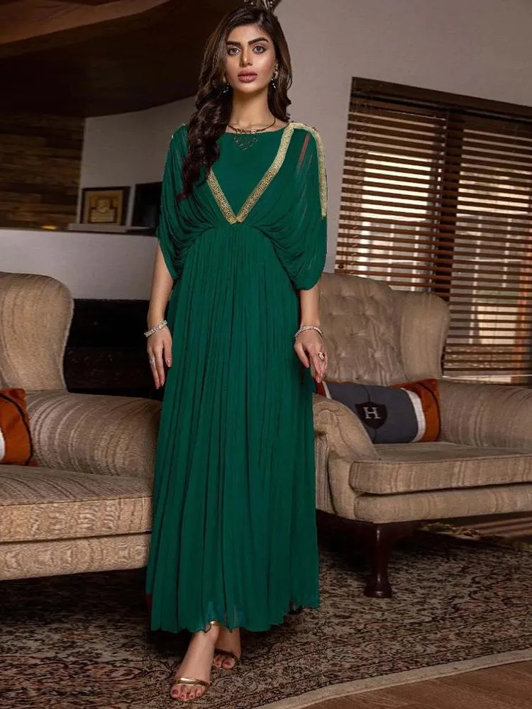 Chain Ribbon Pearl Chiffon Pleated Dress