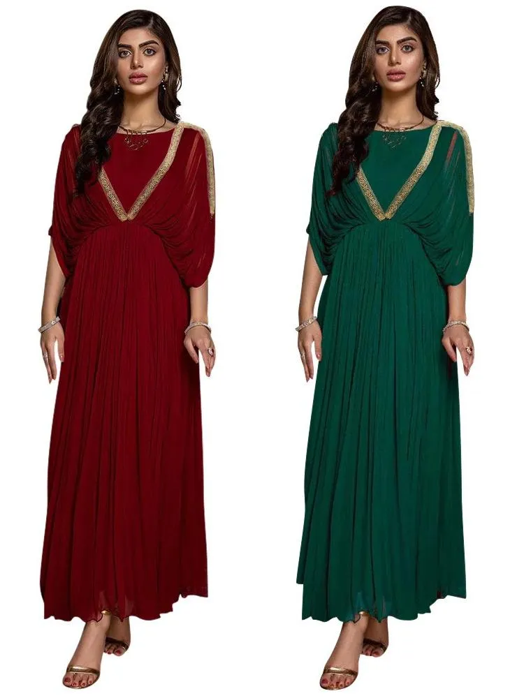 Chain Ribbon Pearl Chiffon Pleated Dress