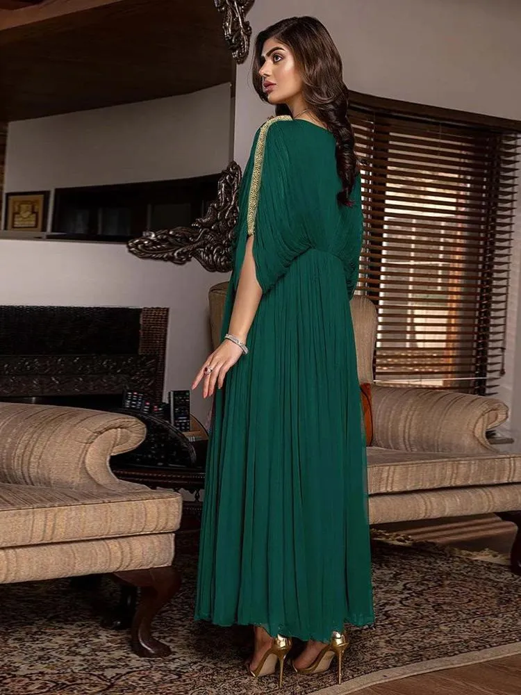 Chain Ribbon Pearl Chiffon Pleated Dress