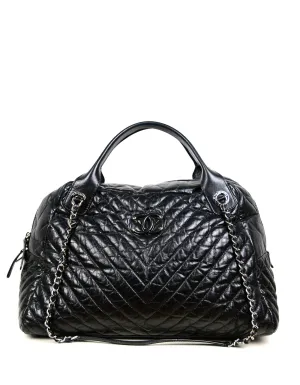 Chanel Black Aged Calfskin Leather Chevron Large Soft Bowling Bag