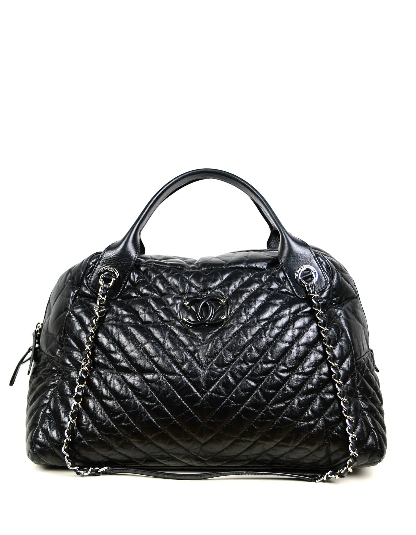 Chanel Black Aged Calfskin Leather Chevron Large Soft Bowling Bag