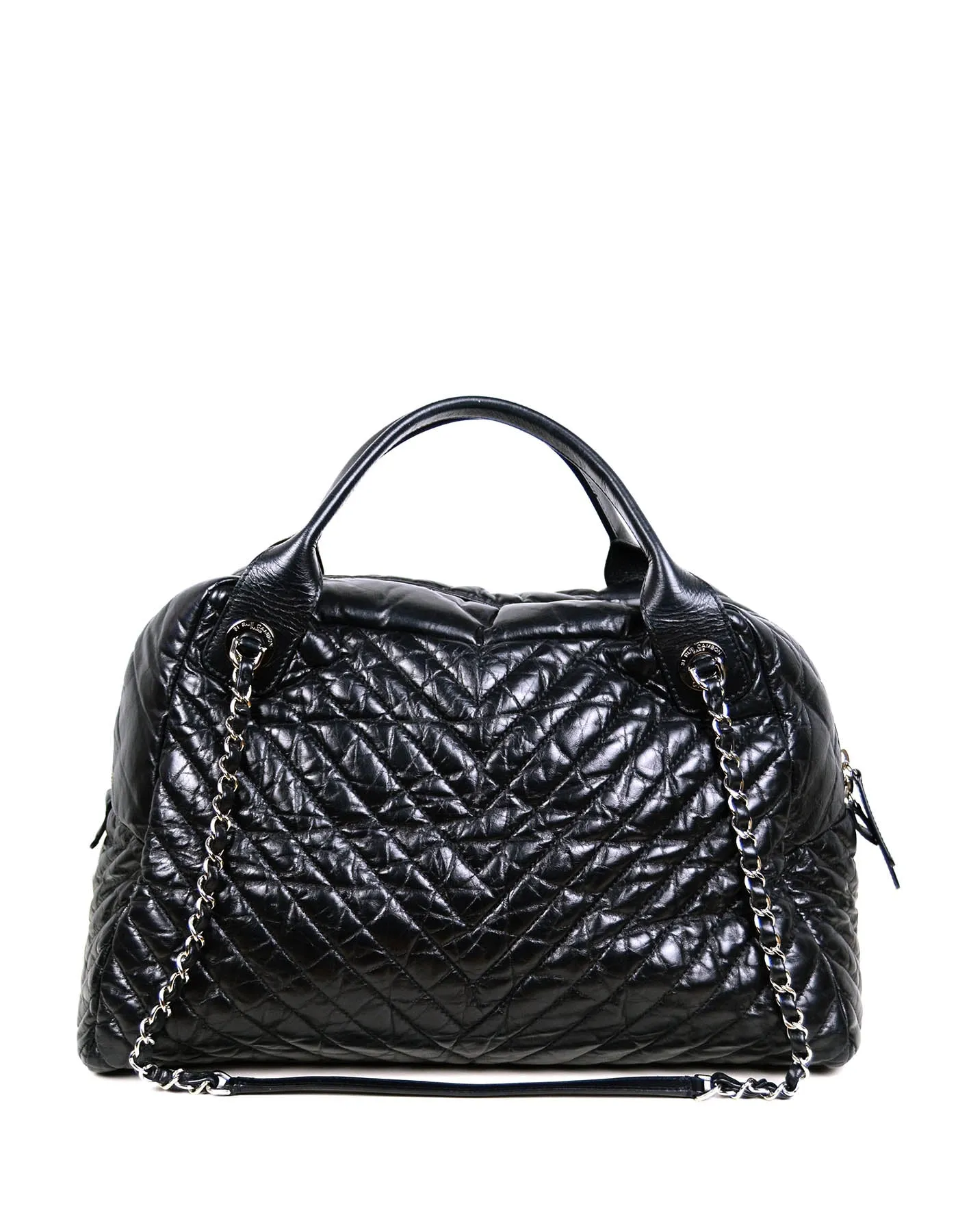 Chanel Black Aged Calfskin Leather Chevron Large Soft Bowling Bag