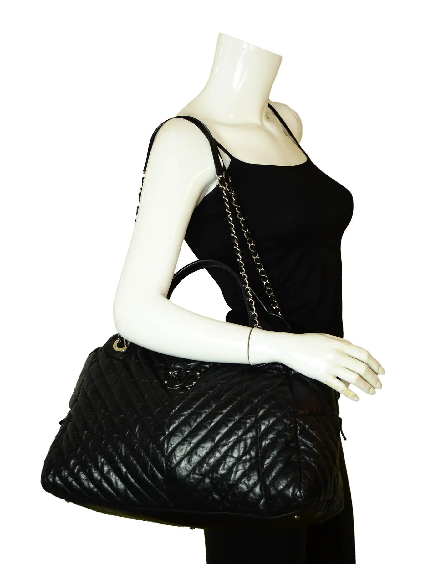 Chanel Black Aged Calfskin Leather Chevron Large Soft Bowling Bag
