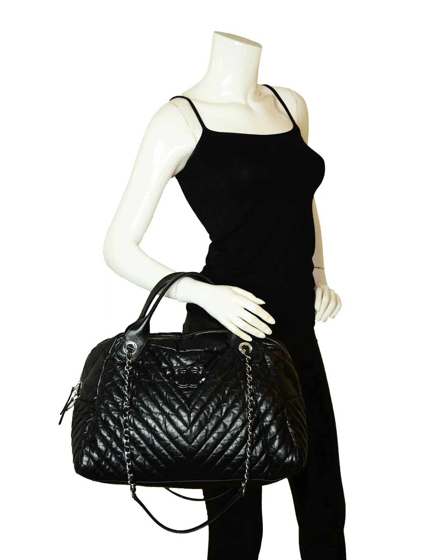 Chanel Black Aged Calfskin Leather Chevron Large Soft Bowling Bag