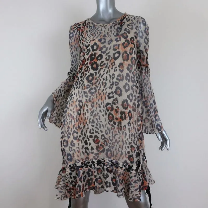 Chloe Dress Leopard Print Gauze Size 34 Long Sleeve Lace-Up Ruffled Hem