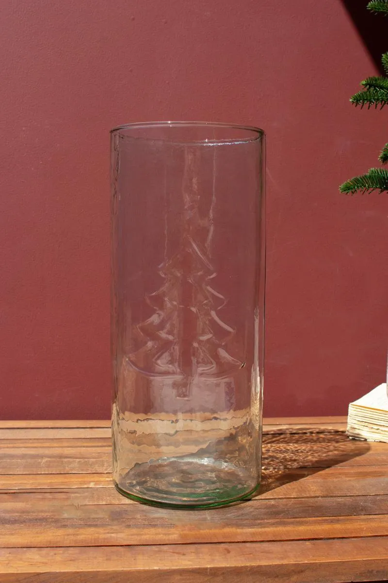 Clear Glass Cylinder with Embossed Christmas Tree (Pack of 2)