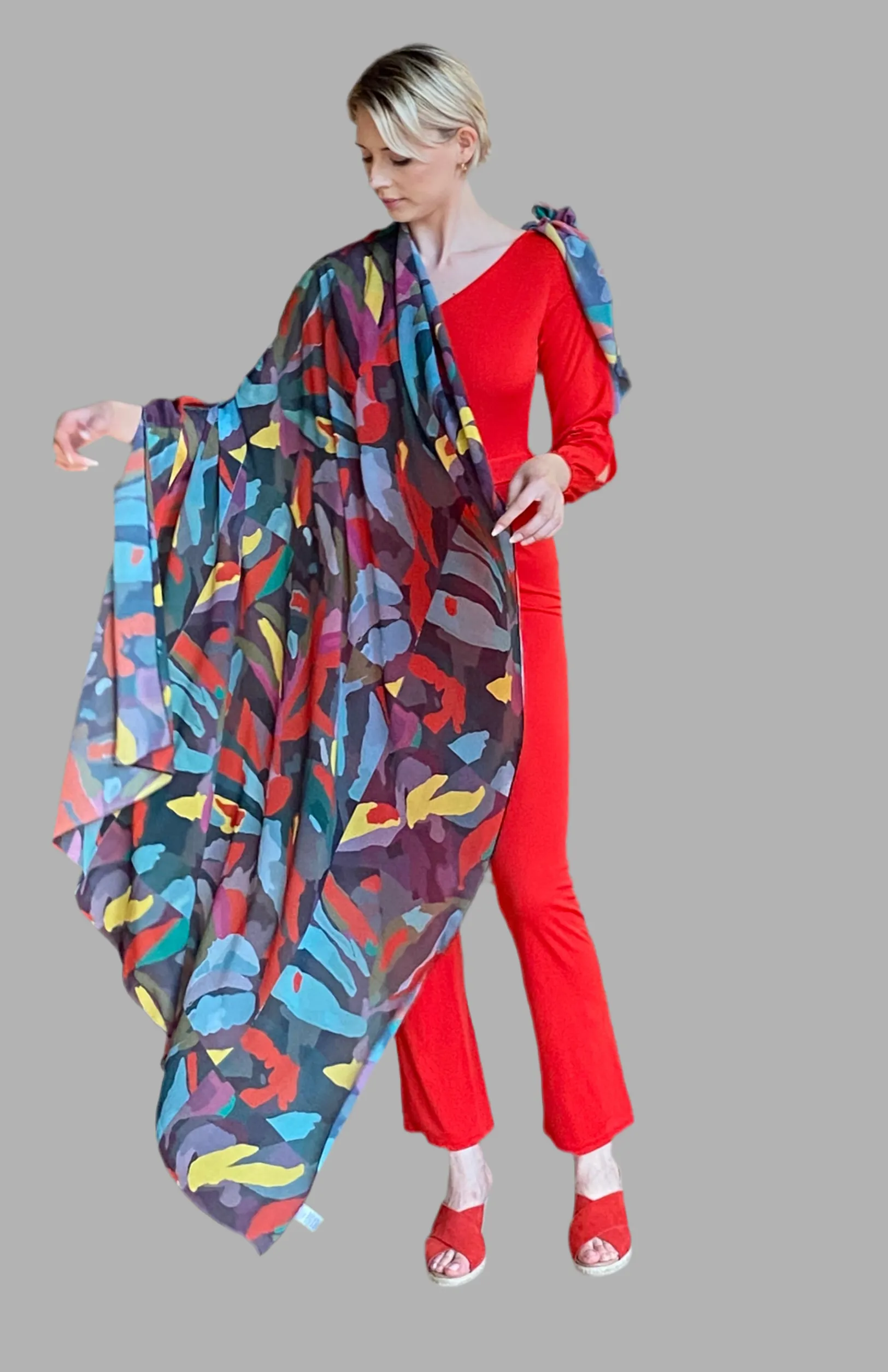 Colored Leaves Silk Chiffon Scarf (Long)