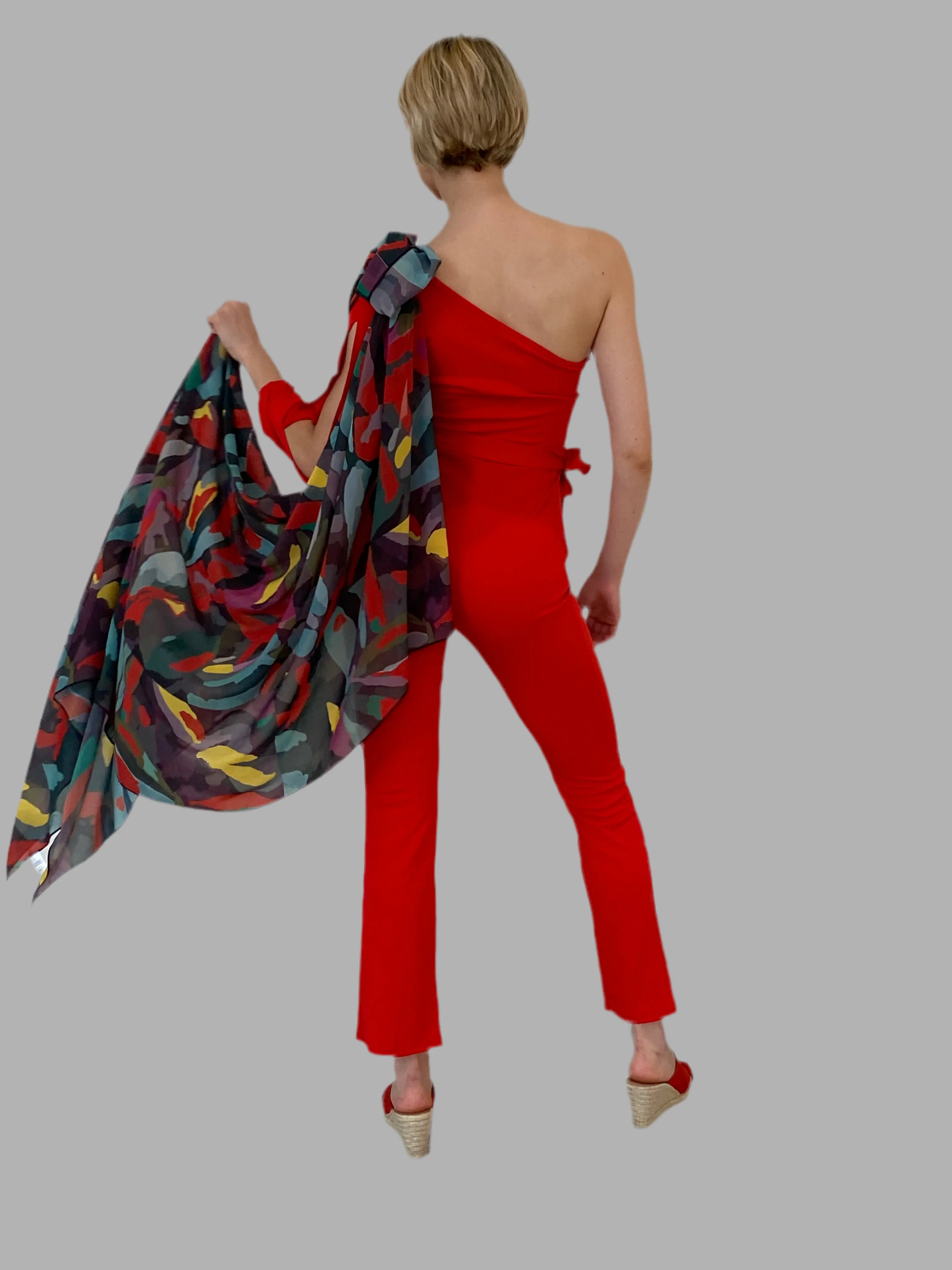 Colored Leaves Silk Chiffon Scarf (Long)