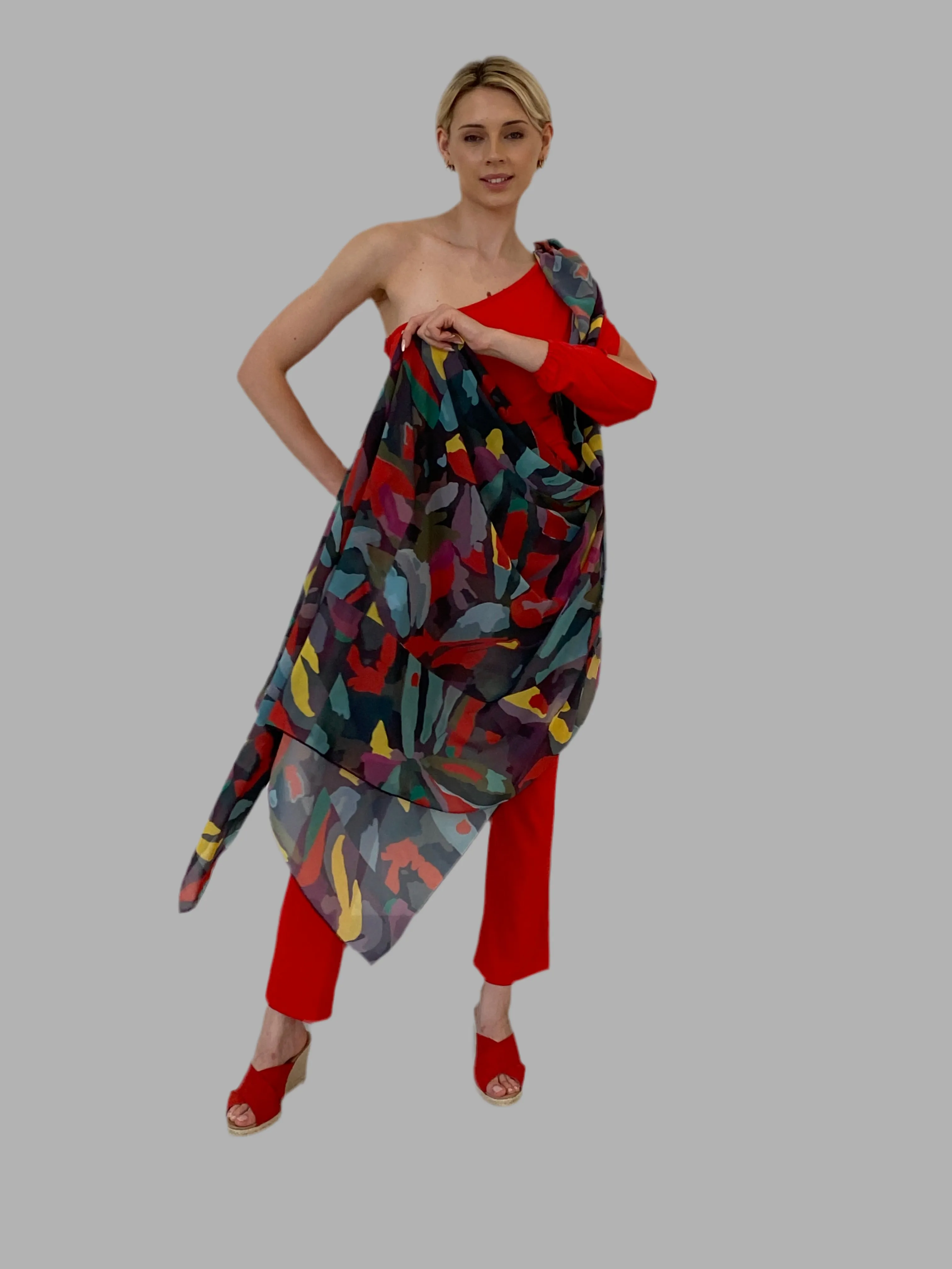 Colored Leaves Silk Chiffon Scarf (Long)