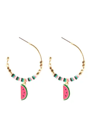 EE1381 - METAL FIMO WATER MELON FRUIT HOOP EARRINGS