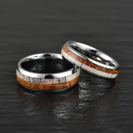 Elk & Barrel - Tungsten Antler Whiskey Barrel Ring 8MM