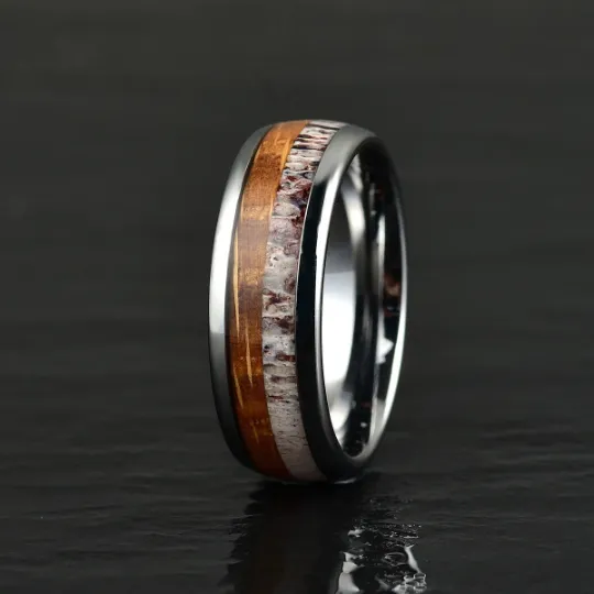 Elk & Barrel - Tungsten Antler Whiskey Barrel Ring 8MM