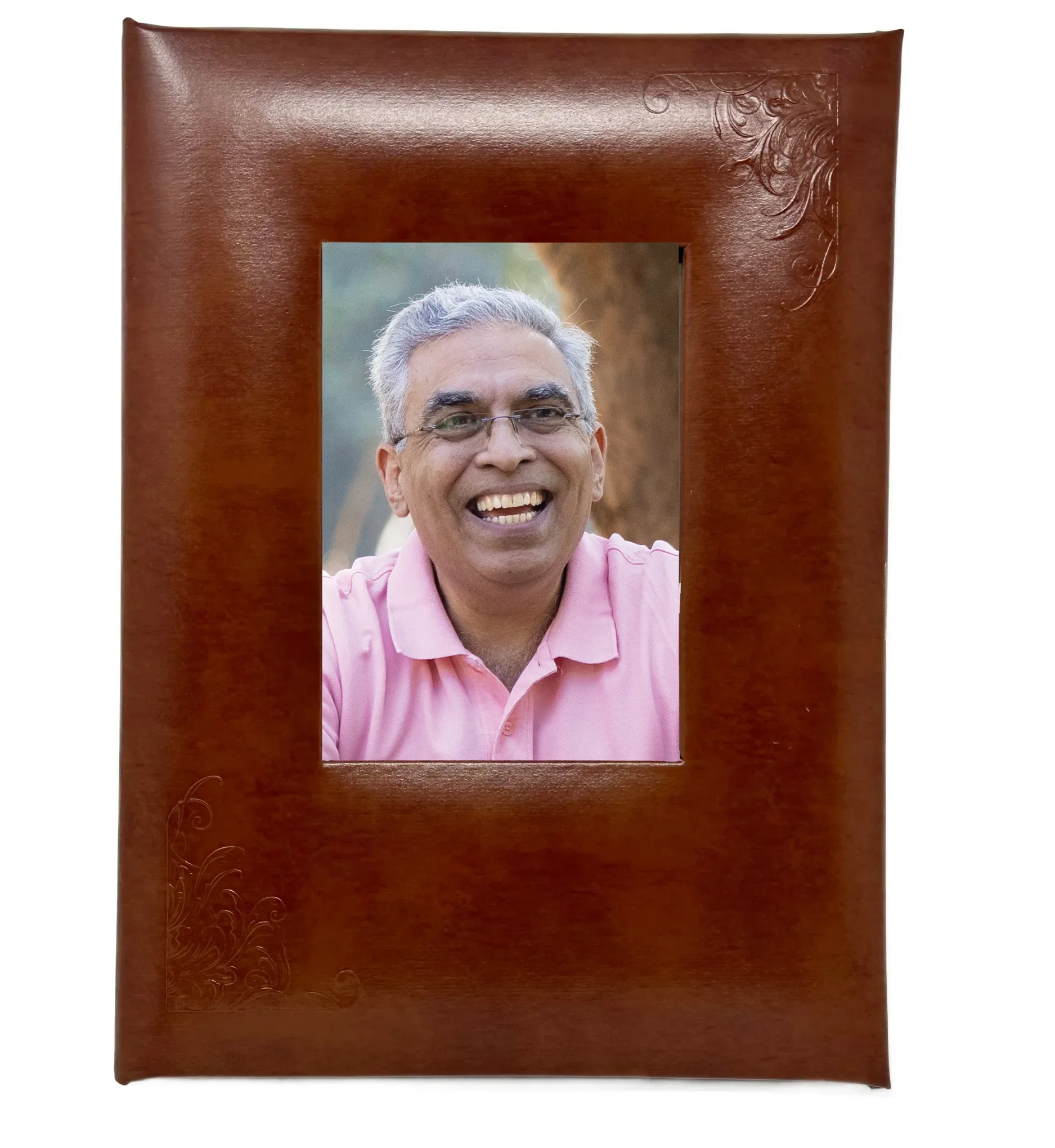 Embossed Leather Picture Frame Memorial Guest Book - 6 Ring - STFB102-Tan