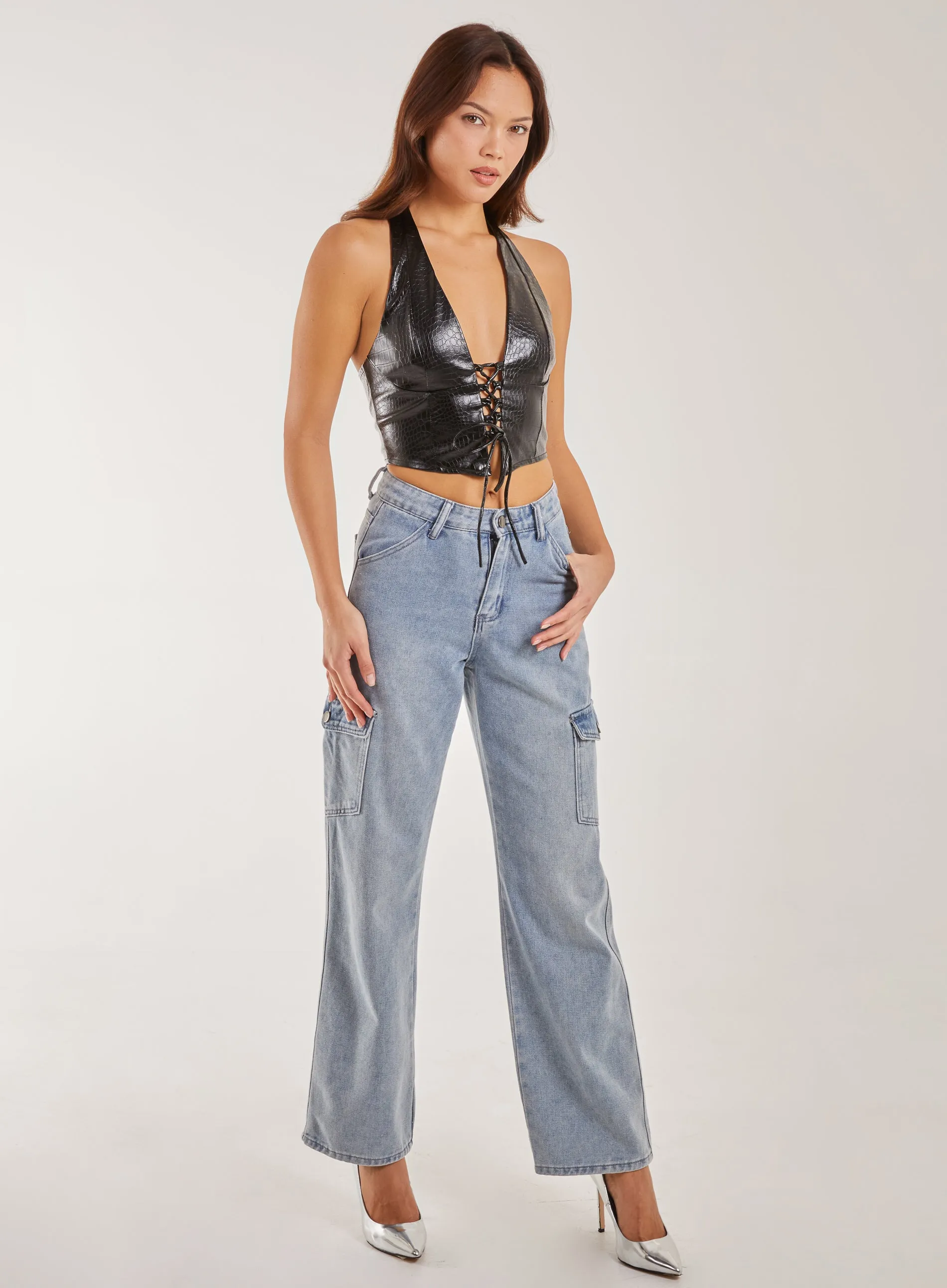 Faux Snake PU Lace Up Corset Top