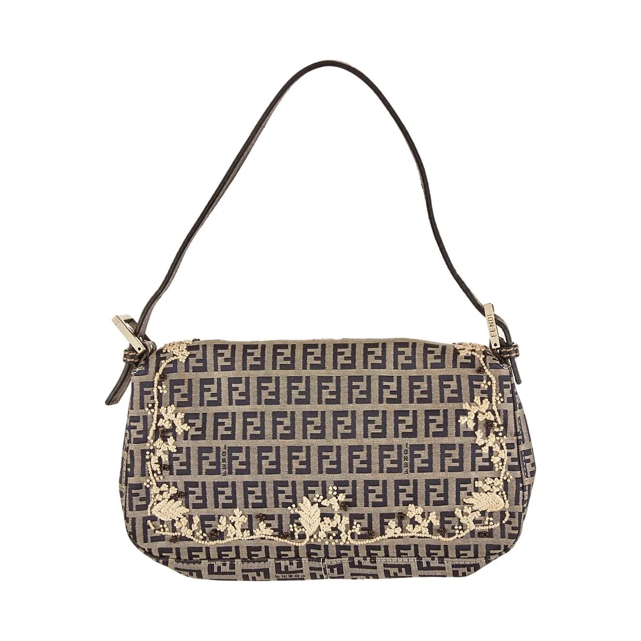 Fendi Grey Embroidered Logo Baguette